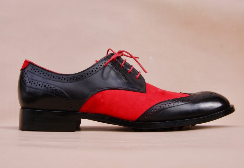 製作事例：派手すぎる赤と黒のフルブローグなウィングチップ | 岡山オーダーメイド靴製作 立岡靴工房