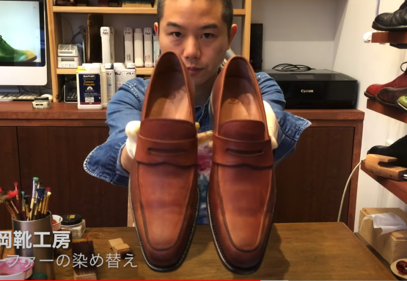 靴の染め替え 色あせたローファーをパティーヌでメンテナンス 岡山オーダーメイド靴製作 立岡靴工房
